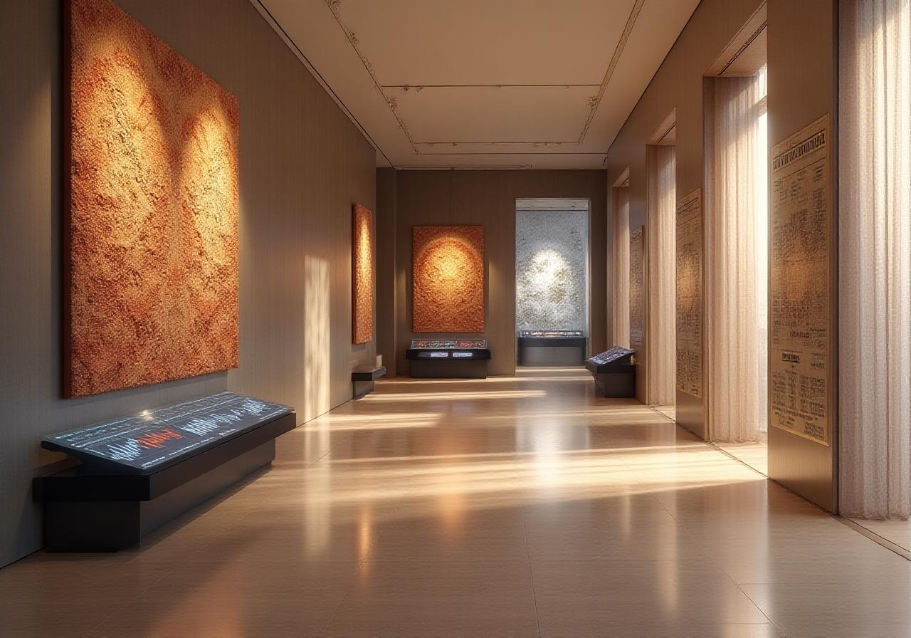 A high-end gallery space with textile art and modern financial data displays
